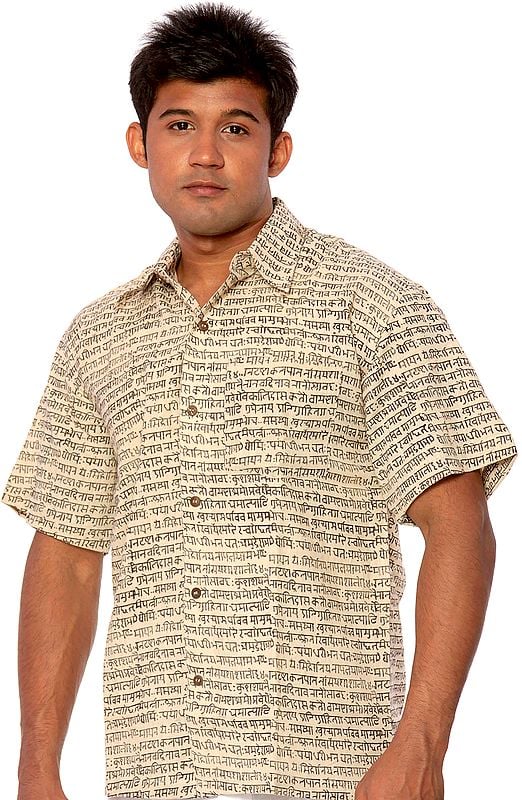 Ivory Khadi Shirt with Block-Printed Sanatan Dharma Mantra