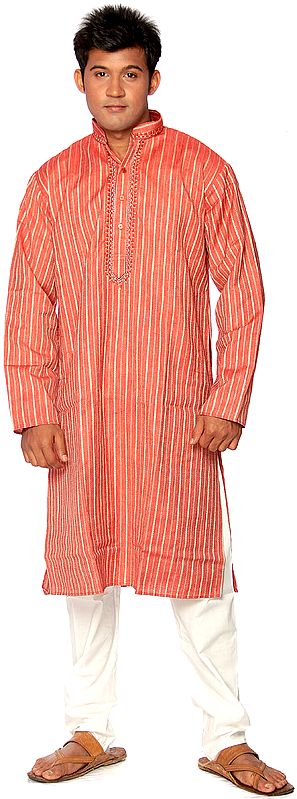 Rose-Red Kurta Pajama with Woven Stripes and Embroidery on Neck