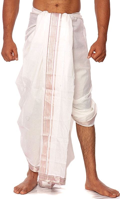 White Dhoti from Kerala with Silver Weave on Border