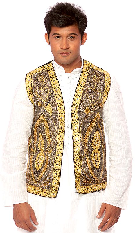 Black Waistcoat from Afghanistan with Golden Threadwork and Mirrors