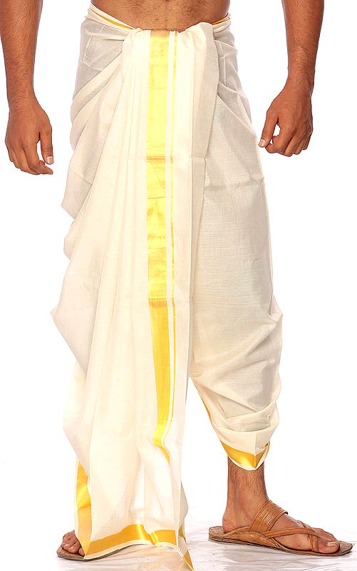 Cream Dhoti from Kerala with Golden Thread Weave on Border