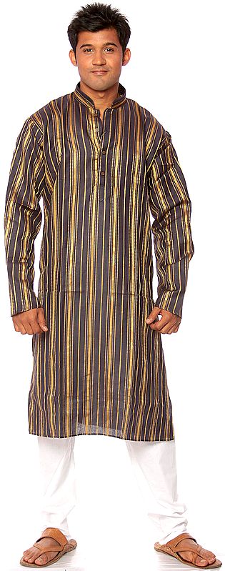 Black Kurta Pajama with Woven Golden Stripes
