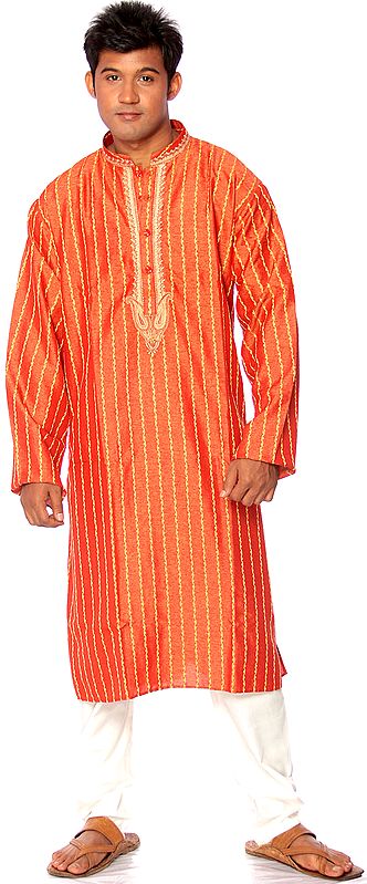 Red Wedding Kurta Pajama with Woven Stripes and Embroidery on Neck
