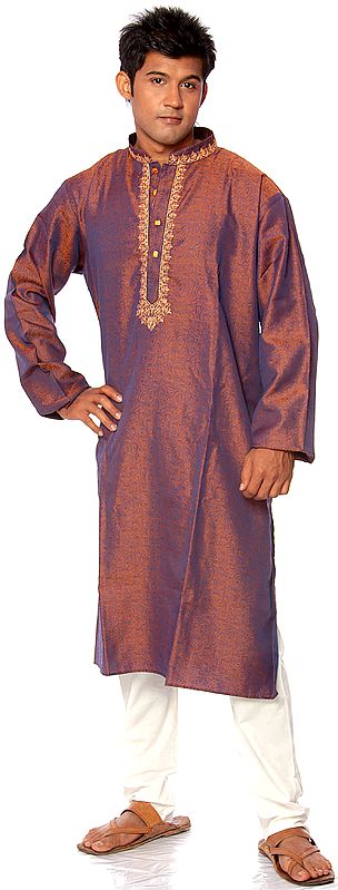 Purple Di-chroic Kurta Pajama with Spiral Weave and Embroidery on Neck