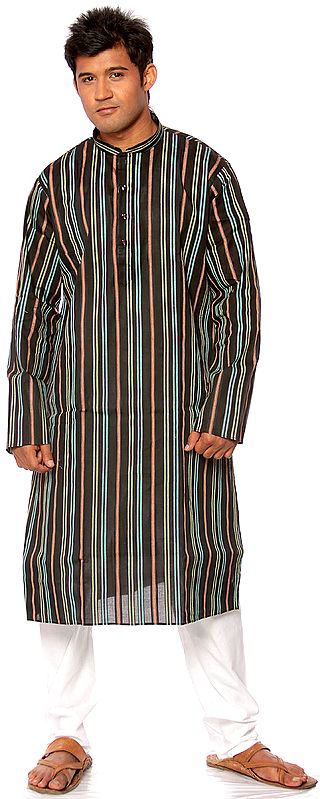 Black Kurta Pajama with Woven Tri-Color Stripes