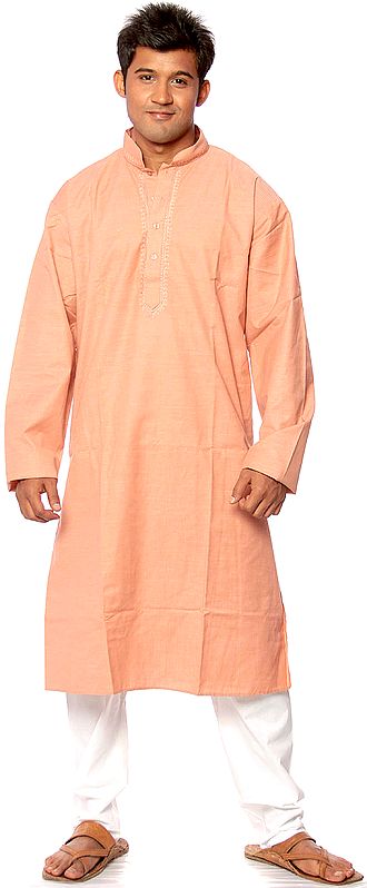Terra-Cotta Kurta Pajama with Woven Stripes and Embroidery on Neck