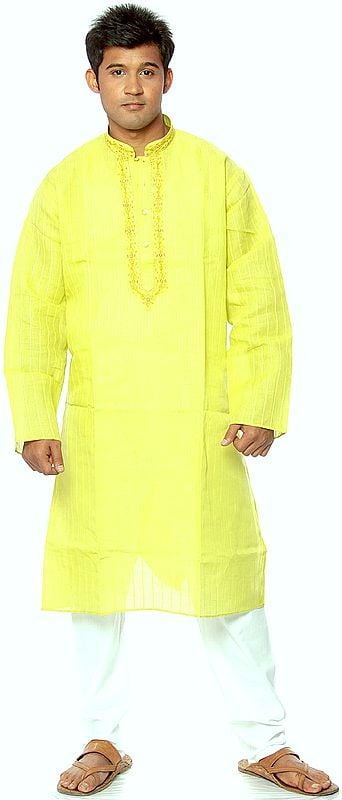 Lime-Green Kurta Pyjama with Woven Stripes and Embroidery on Neck