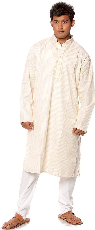 White and Brown Kurta Pajama with Woven Stripes and Embroidery on Neck