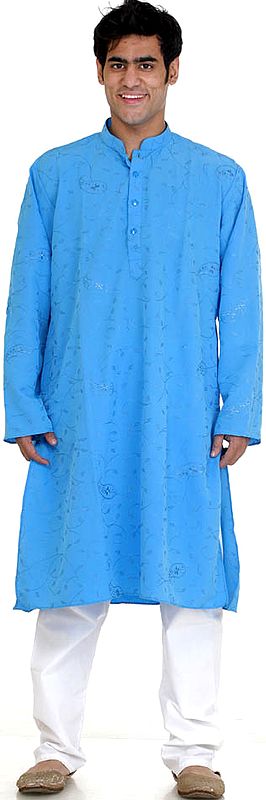 Azure Kurta Pajama with Leaves Embroidered All-Over