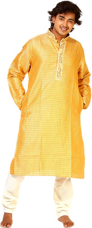 Beige and Golden Designer Kurta Pajama with Embroidery on Neck and Thread Weave