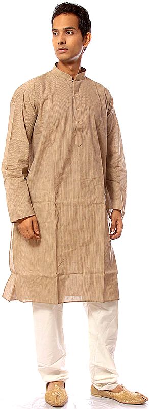 Beige Khadi Kurta Pajama with Vertical Stripes