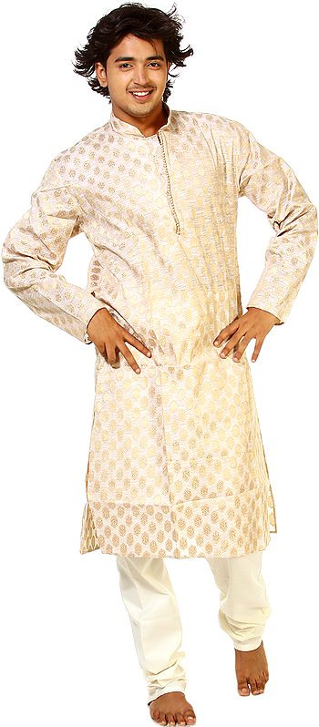 Beige Kurta Pajama with All-Over Woven Bootis in Golden Thread