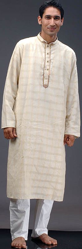 Beige Kurta Set with Embroidery and Checks