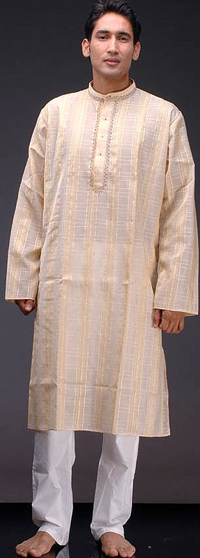 Beige Kurta Set with Golden Thread Work and Embroidery