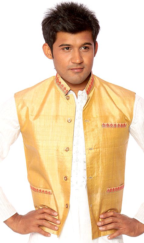 Beige Moonga Waistcoat from Assam with Thread Weave