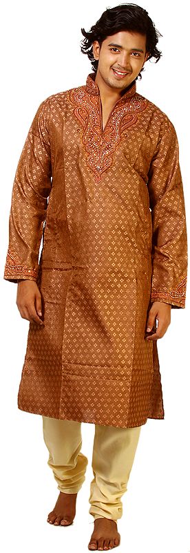 Biscuit-Brown Kurta Pajama with Self Weave and Embroidery on Neck