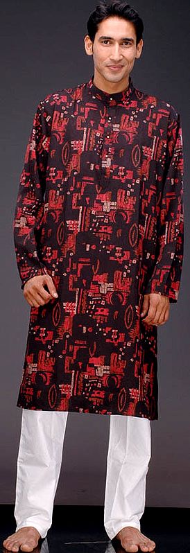 Black and Red Crush Cotton Kurta Pajama