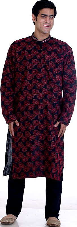 Black Kurta Pajama with All-Over Embroidered Paisleys