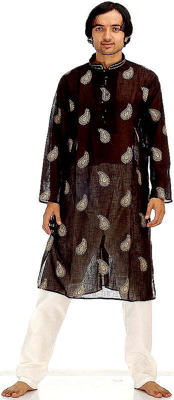 Black Kurta Pajama with Embroidered Paisleys