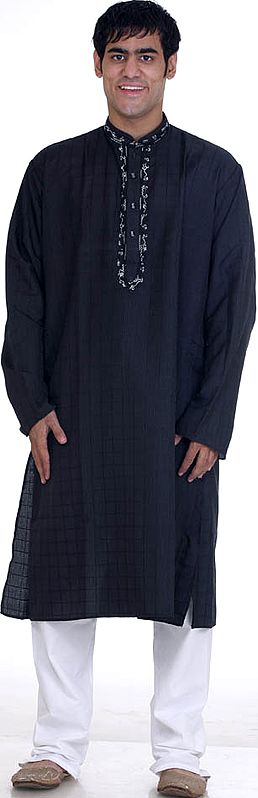Black Kurta Pajama with Embroidery on Neck and Pin Stripes
