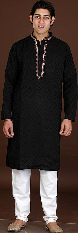 Black Kurta Set with Embroidery on Neck and Self Design