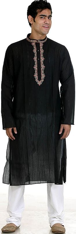 Black Kurta Set with Multi-Color Embroidery on Neck