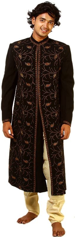 Black Wedding Sherwani with Bead Work and All-Over Thread Embroidery