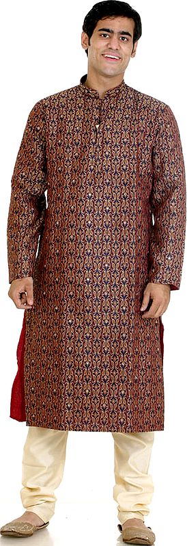 Blue and Maroon Brocaded Kurta Set with All-Over Woven Paisleys and Beads on Neck