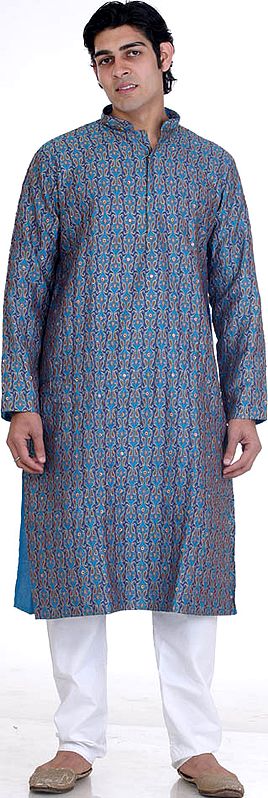 Blue Brocaded Kurta Set with All-Over Paisleys Woven in Golden Thread