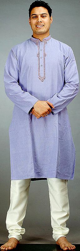Blue Kurta Pajama Set with Checks in Self and Embroidery