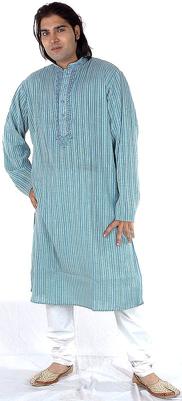 Blue Kurta Set with Golden Thread Weave and Embroidery on Button Palette