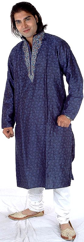 Blue Kurta Set with Intricate Embroidery on Button Palette and All-Over Paisleys in Self