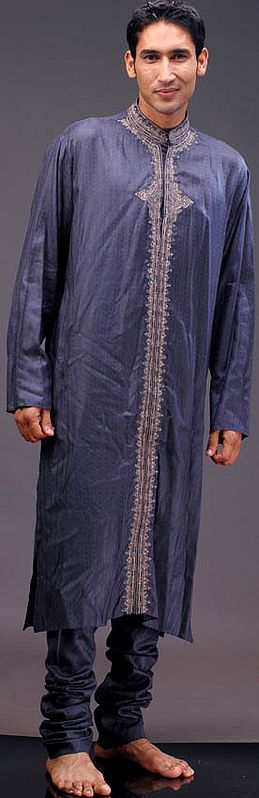 Blue-Gray Kurta Pajama Set with Hand-Embroidery