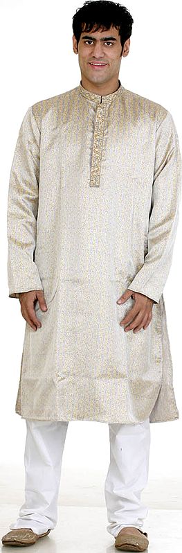Brocaded Kurta Set with Embroidery on Neck