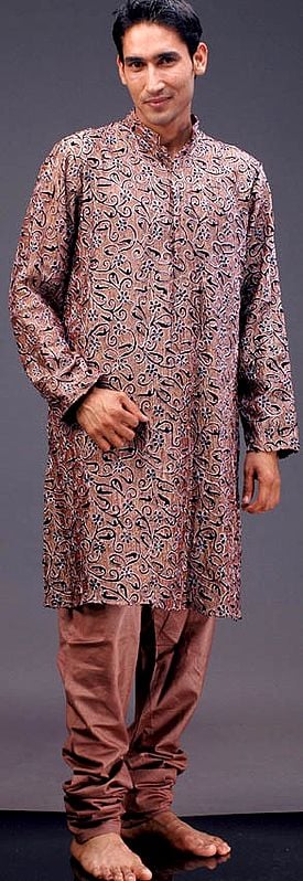 Brown Kurta Pajama Set with All-Over Hand-Embroidery and Beadwork