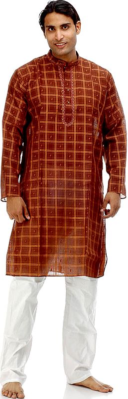 Brown Kurta Pajama with Check Weave and Embroidery