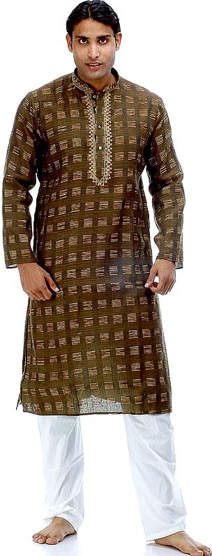 Brown Kurta Pajama with Weave and Embroidery