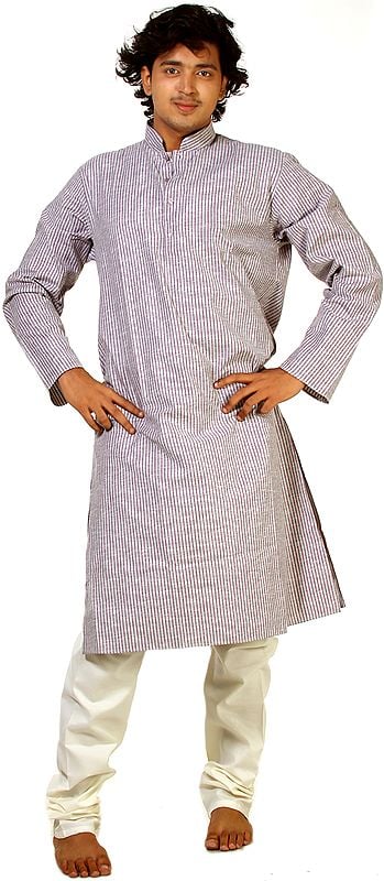 Brownie-Gray Kurta Pajama with Woven Stripes