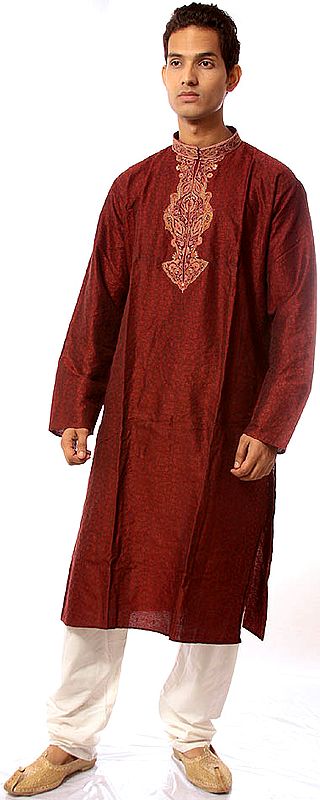 Burgundy Kurta Set with All-Over Self Weave and Embroidery on Front and Collar