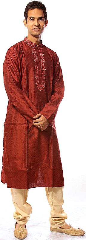 Burgundy Kurta Set with All-Over Self Weave and Embroidery on Collar