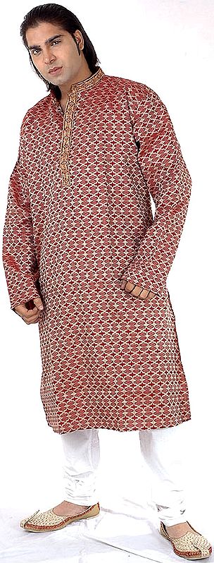 Burgundy Kurta Set with Golden Thread Weave and Embroidery on Button Palette