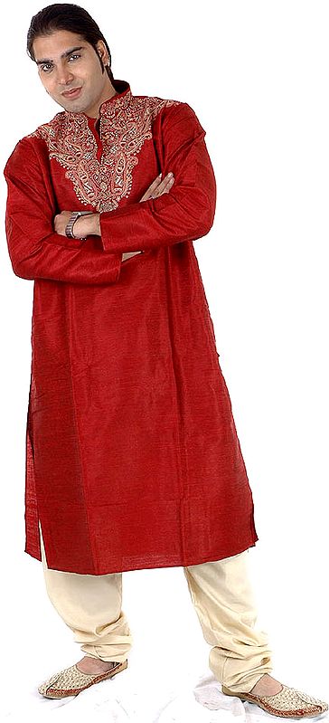 Burgundy Kurta Set with Intricate Embroidery and Small Sequins
