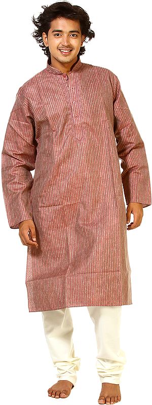 Burlwood-Brown Kurta Pajama Set with Embroidery on Button Palette and Woven Stripes