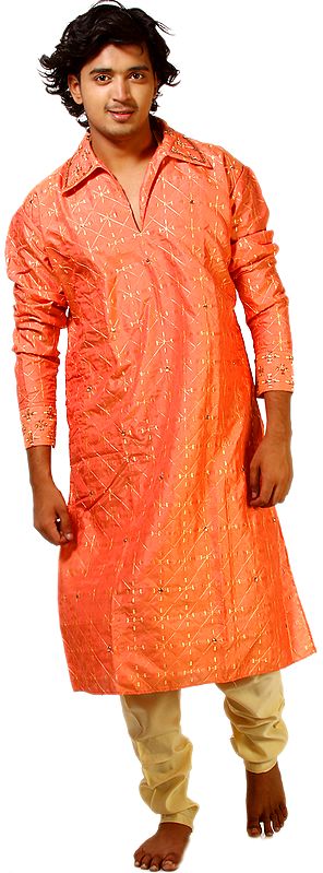 Burnt-Coral Wedding Kurta Pajama with Beads on Fancy Collar and All-Over Embroidery