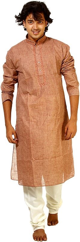 Butterum-Brown Kurta Pajama with Embroidery on Neck and Woven Stripes