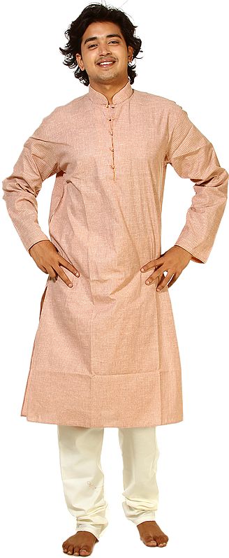 Cameo Rose-Pink Kurta Pajama with Woven Stripes and Chinese Collar