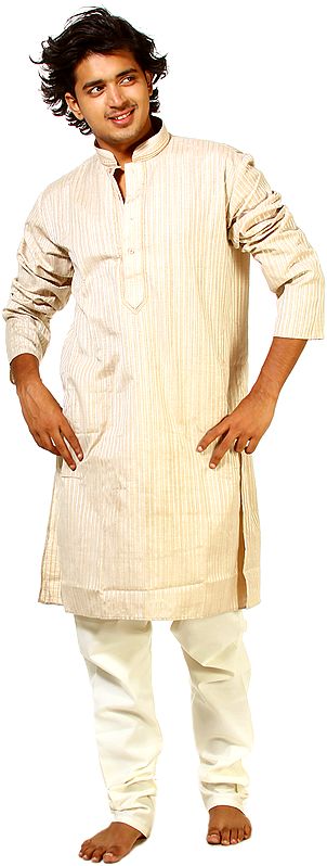 Candied-Ginger Kurta Pajama with Embroidery on Neck and Woven Stripes