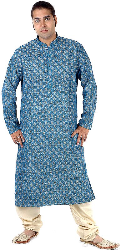 Cerulean Blue Kurta Set with All-Over Golden Thread Weave and Sequins