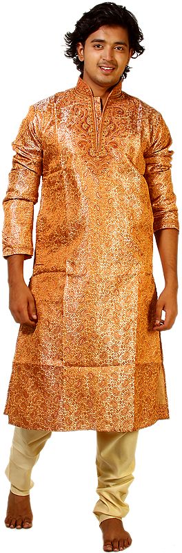 Champagne-Beige Wedding Kurta Pajama with Thread Embroidery on Neck and All-Over Woven Paisleys