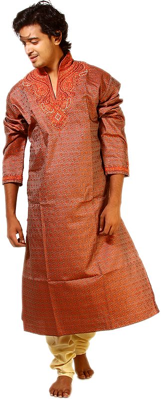 Chestnut Kurta Pajama Set with Crystal Embroidery on Neck and All-Over Woven Paisleys